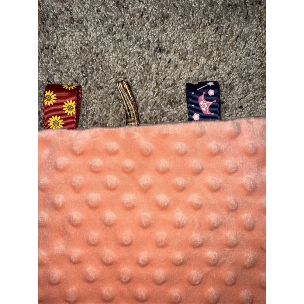 Insular Coral Minky Dots Velour Ribbon Tags Security Blanket Lovey‎ 9x9.5